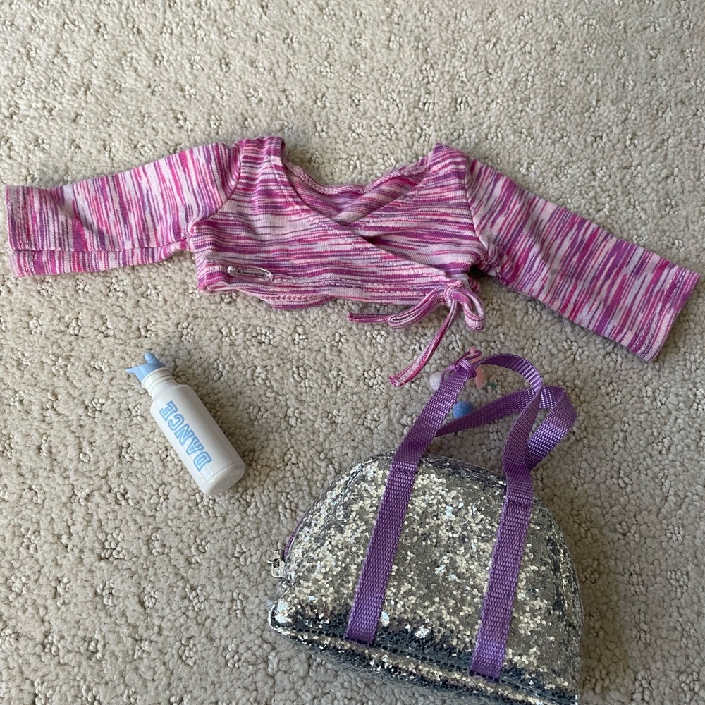 Pink Striped Dance Top with Silver Sequin Bag and Water Bottle